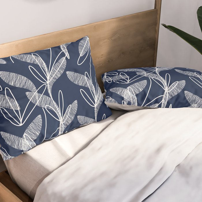 Etched Leaves Botanical Pattern in White and Nautical Navy Blue Pillow Sham Gallery Image 2