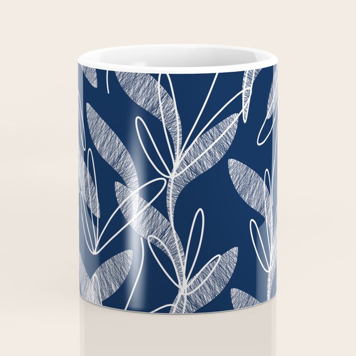 Etched Leaves Botanical Pattern in White and Nautical Navy Blue Coffee Mug Gallery Image 4