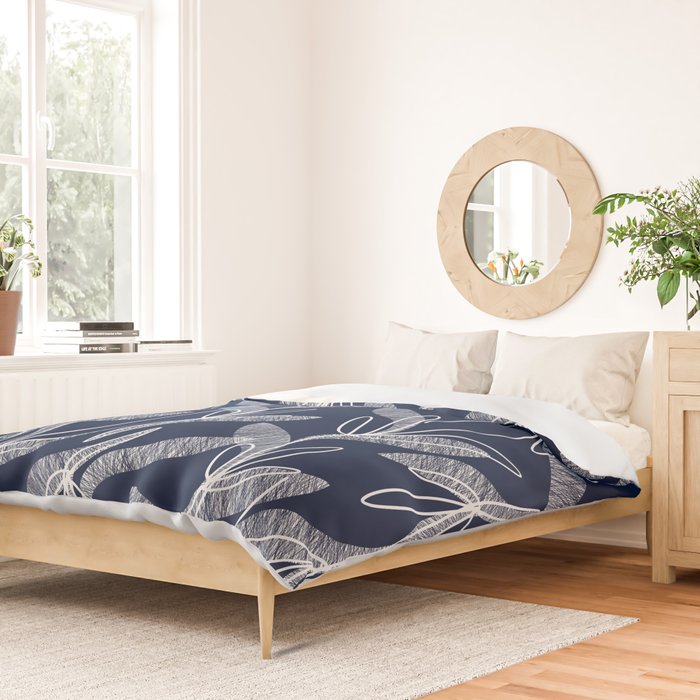 Etched Leaves Botanical Pattern in White and Nautical Navy Blue Duvet Cover Gallery Image 2