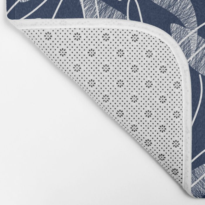 Etched Leaves Botanical Pattern in White and Nautical Navy Blue Bath Mat Gallery Image 2