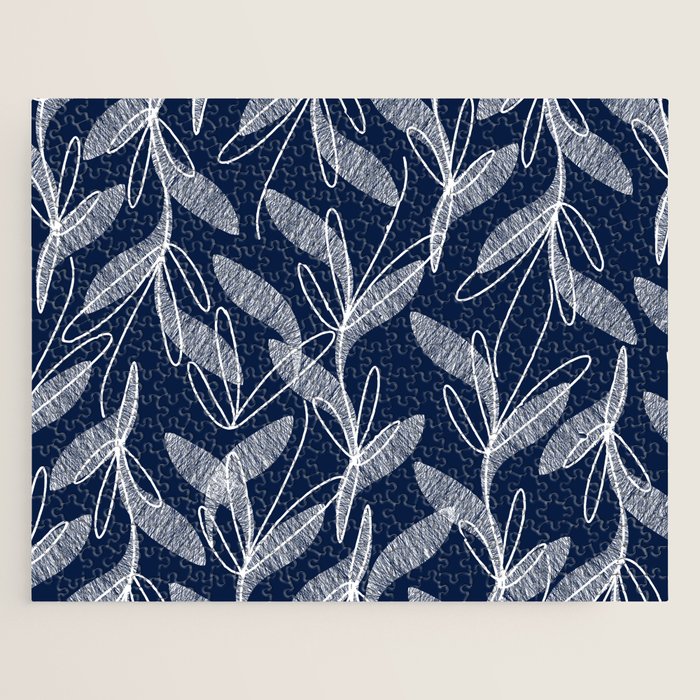Etched Leaves Botanical Pattern in White and Nautical Navy Blue Jigsaw Puzzle Gallery Image 1