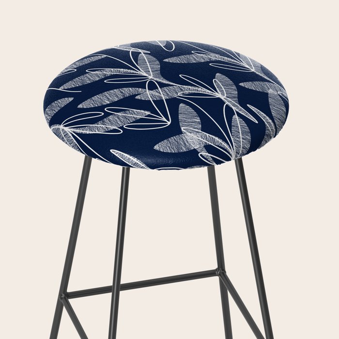 Etched Leaves Botanical Pattern in White and Nautical Navy Blue Stool Gallery Image 2