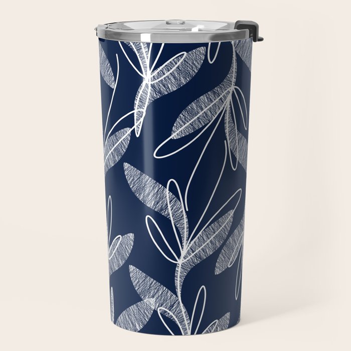 Etched Leaves Botanical Pattern in White and Nautical Navy Blue Travel Mug Gallery Image 2
