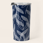 Etched Leaves Botanical Pattern in White and Nautical Navy Blue Travel Mug Gallery Image 3