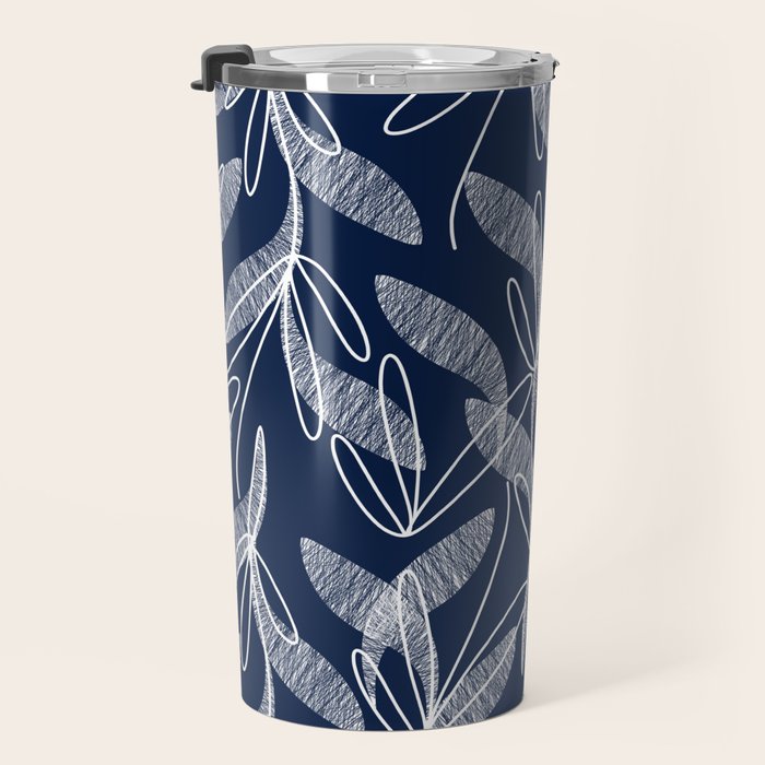 Etched Leaves Botanical Pattern in White and Nautical Navy Blue Travel Mug Gallery Image 3