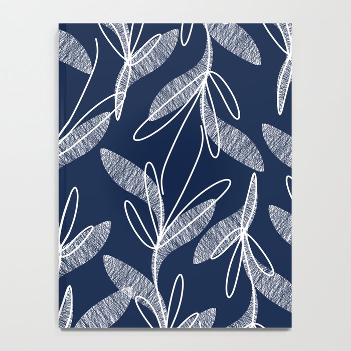 Etched Leaves Botanical Pattern in White and Nautical Navy Blue Notebook Gallery Image 4