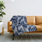 Etched Leaves Botanical Pattern in White and Nautical Navy Blue Throw Blanket Gallery Image 1