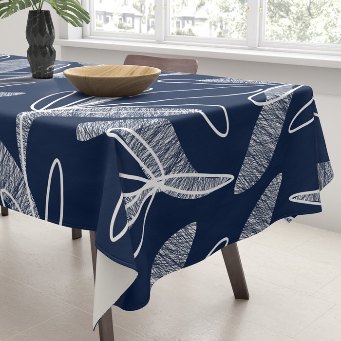 Etched Leaves Botanical Pattern in White and Nautical Navy Blue Tablecloth Gallery Image 3