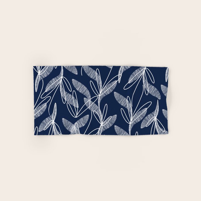 Etched Leaves Botanical Pattern in White and Nautical Navy Blue Bath Towel Gallery Image 1