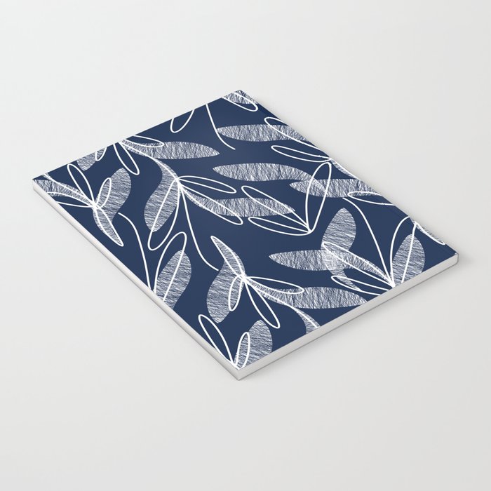 Etched Leaves Botanical Pattern in White and Nautical Navy Blue Notebook Gallery Image 3