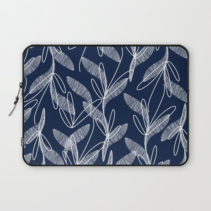 Etched Leaves Botanical Pattern in White and Nautical Navy Blue Laptop Sleeve Gallery Image 1