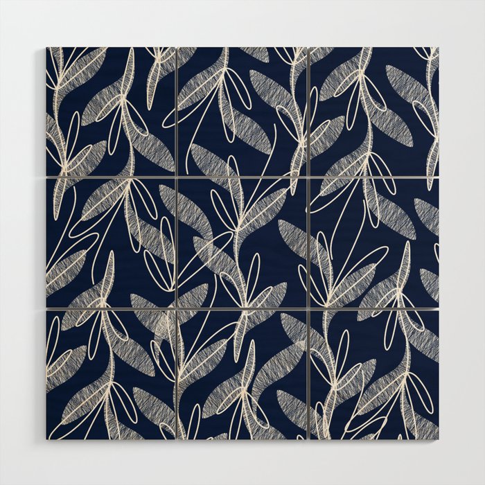 Etched Leaves Botanical Pattern in White and Nautical Navy Blue Wood Wall Art Gallery Image 1