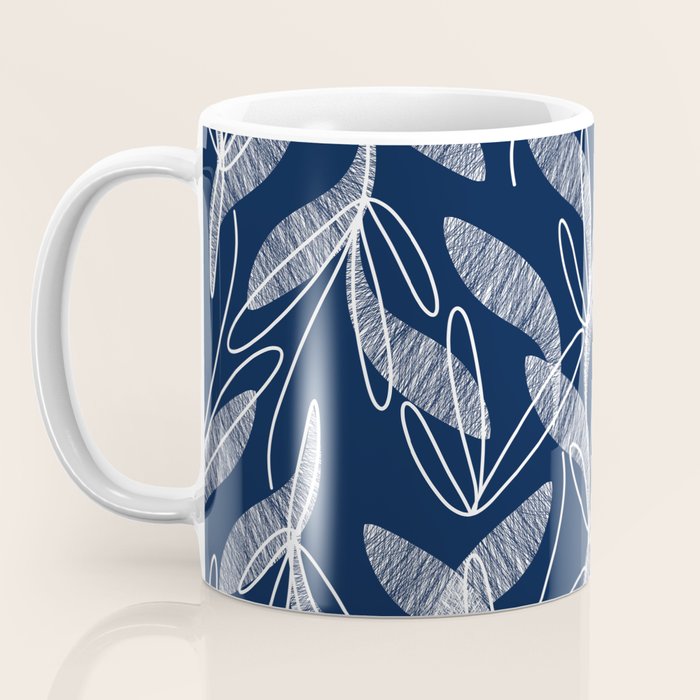 Etched Leaves Botanical Pattern in White and Nautical Navy Blue Coffee Mug Gallery Image 3