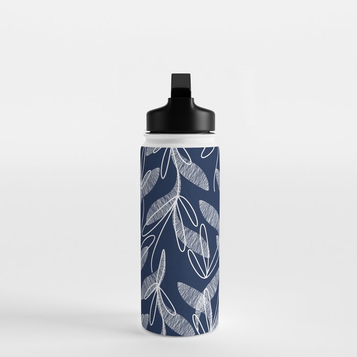 Etched Leaves Botanical Pattern in White and Nautical Navy Blue Water Bottle Gallery Image 3