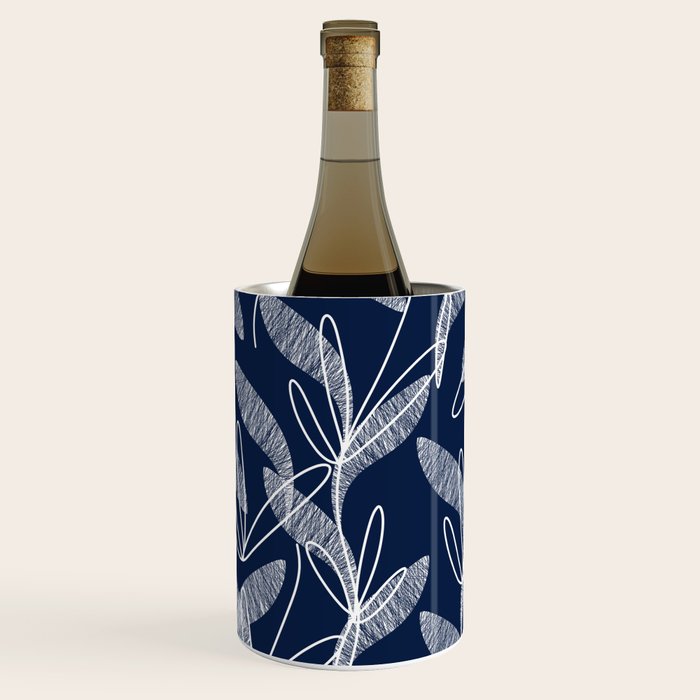 Etched Leaves Botanical Pattern in White and Nautical Navy Blue Wine Chiller Gallery Image 1