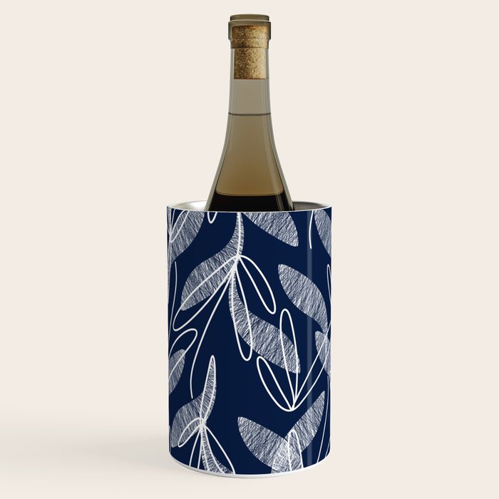 Etched Leaves Botanical Pattern in White and Nautical Navy Blue Wine Chiller Gallery Image 2