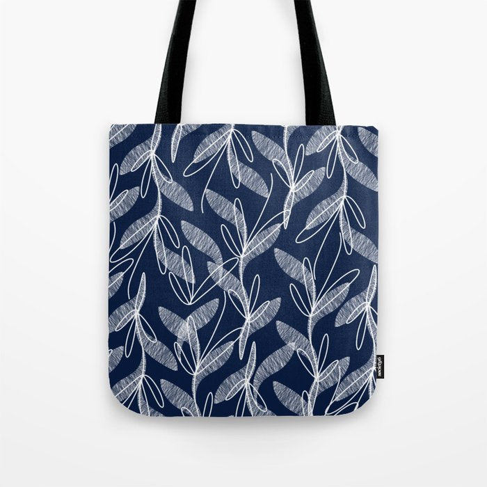 Etched Leaves Botanical Pattern in White and Nautical Navy Blue Tote Bag Gallery Image 1