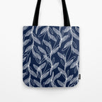 Etched Leaves Botanical Pattern in White and Nautical Navy Blue Tote Bag Gallery Image 1