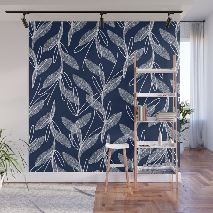 Etched Leaves Botanical Pattern in White and Nautical Navy Blue Wall Mural Gallery Image 1