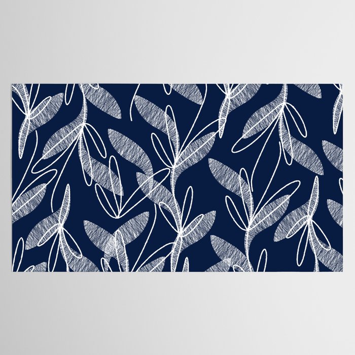Etched Leaves Botanical Pattern in White and Nautical Navy Blue Tablecloth Gallery Image 2