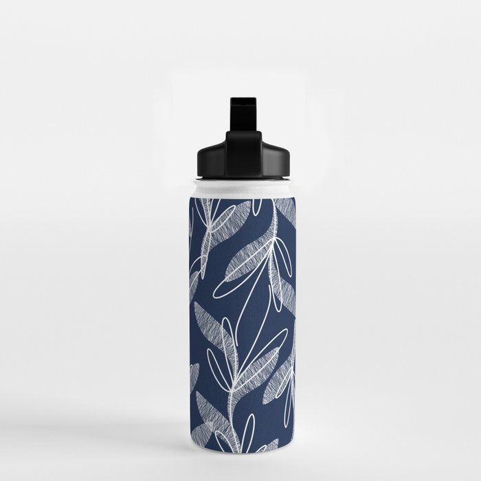 Etched Leaves Botanical Pattern in White and Nautical Navy Blue Water Bottle Gallery Image 2