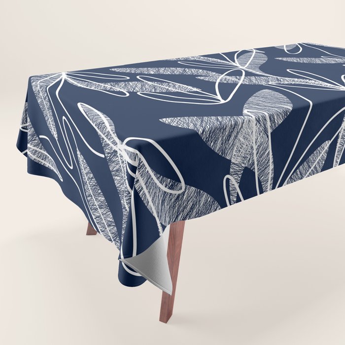 Etched Leaves Botanical Pattern in White and Nautical Navy Blue Tablecloth Gallery Image 1