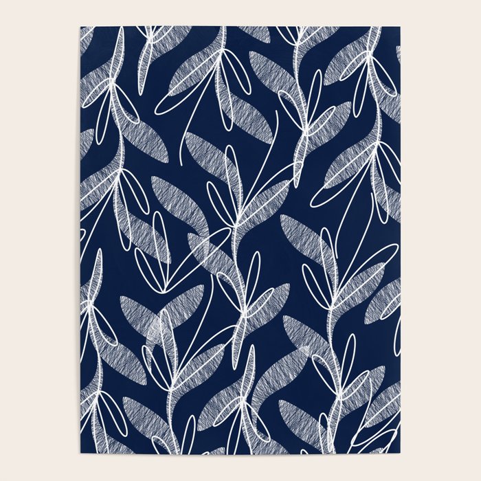 Etched Leaves Botanical Pattern in White and Nautical Navy Blue Poster Gallery Image 1