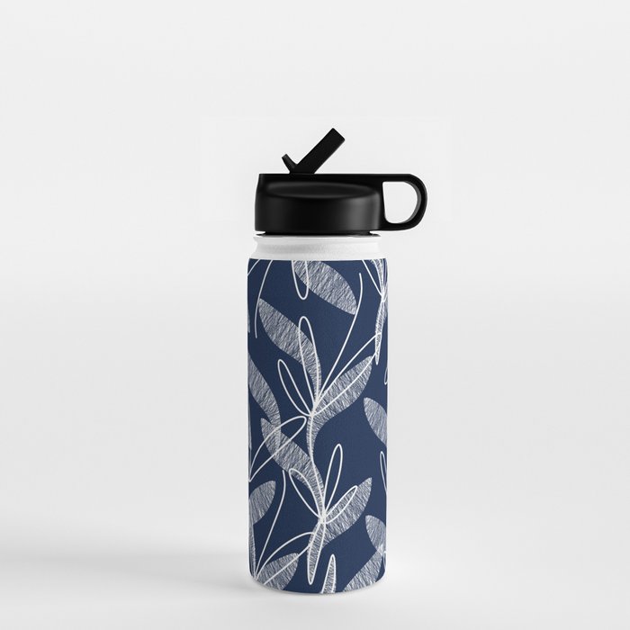 Etched Leaves Botanical Pattern in White and Nautical Navy Blue Water Bottle Gallery Image 1