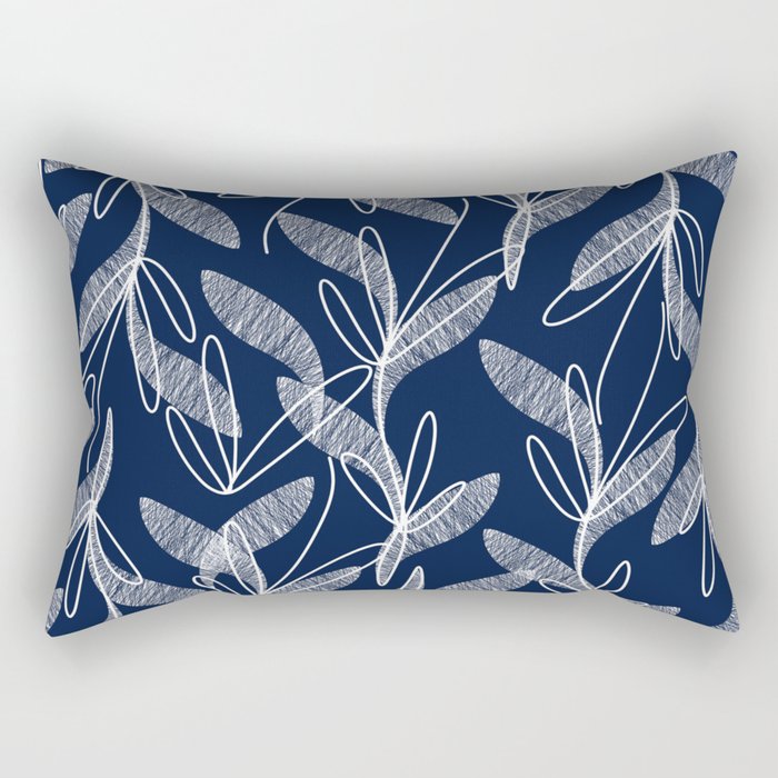 Etched Leaves Botanical Pattern in White and Nautical Navy Blue Rectangular Pillow Gallery Image 1