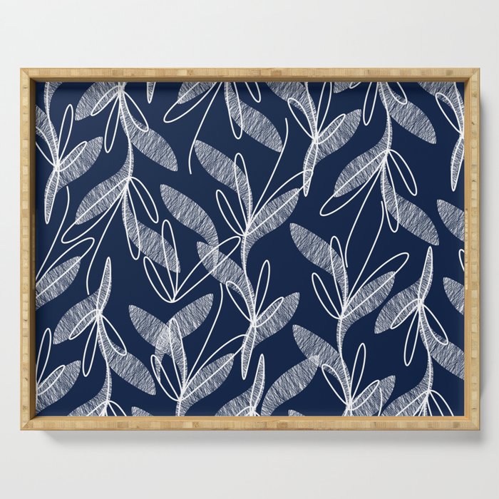 Etched Leaves Botanical Pattern in White and Nautical Navy Blue Serving Tray Gallery Image 1