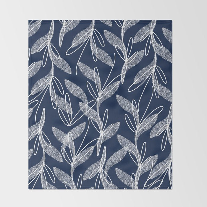 Etched Leaves Botanical Pattern in White and Nautical Navy Blue Throw Blanket Gallery Image 2