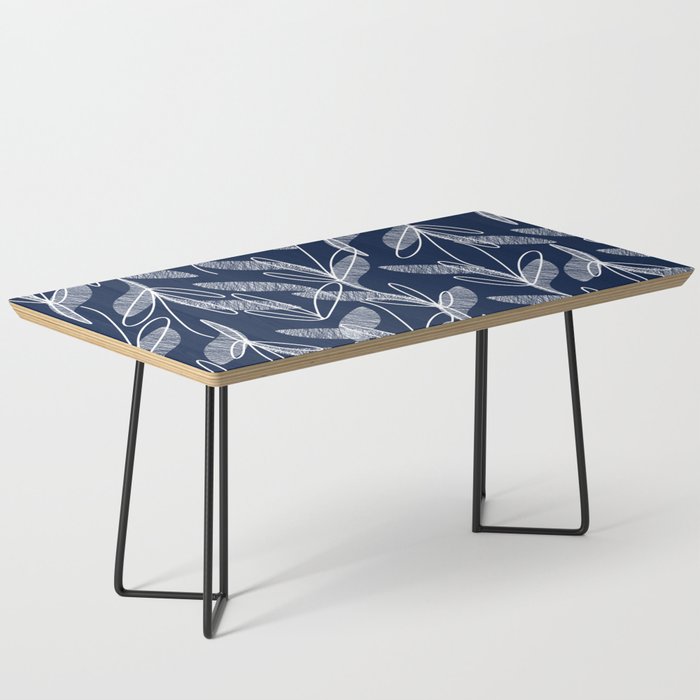 Etched Leaves Botanical Pattern in White and Nautical Navy Blue Coffee Table Gallery Image 1