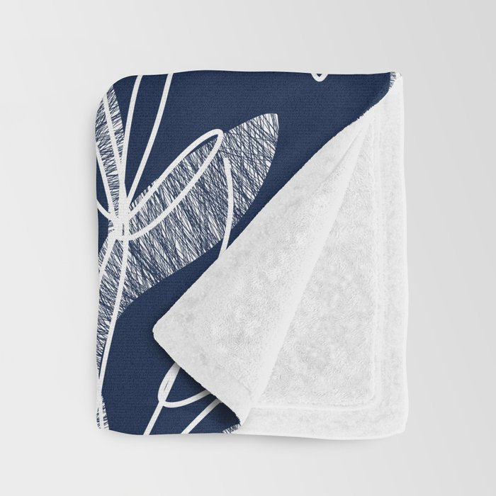 Etched Leaves Botanical Pattern in White and Nautical Navy Blue Throw Blanket Gallery Image 3