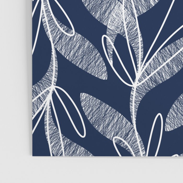 Etched Leaves Botanical Pattern in White and Nautical Navy Blue Poster Gallery Image 3