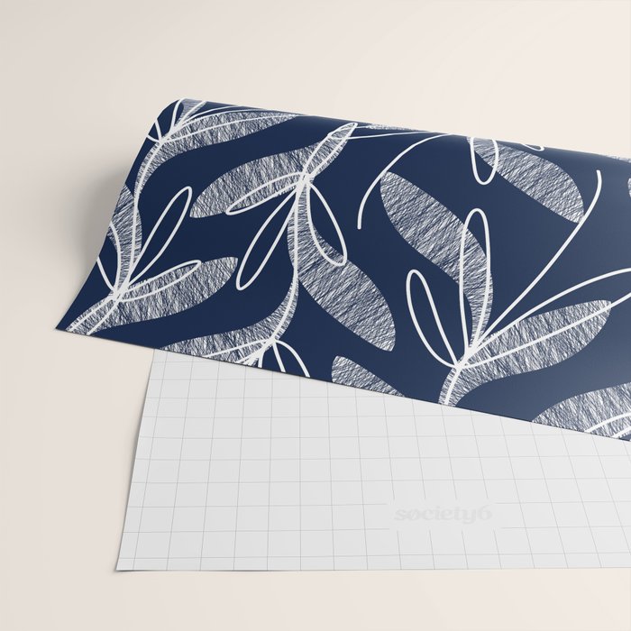 Etched Leaves Botanical Pattern in White and Nautical Navy Blue Wrapping Paper Gallery Image 2