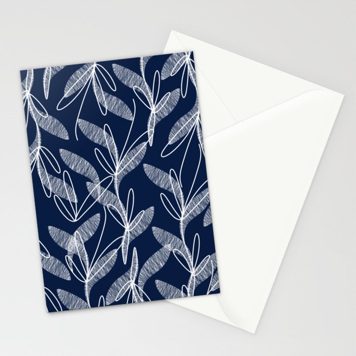 Etched Leaves Botanical Pattern in White and Nautical Navy Blue Stationery Card Gallery Image 2