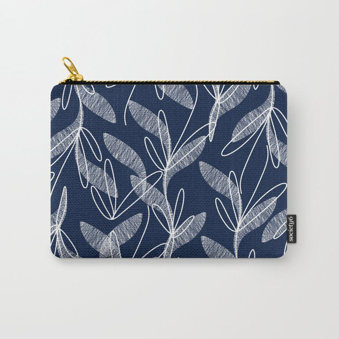 Etched Leaves Botanical Pattern in White and Nautical Navy Blue Carry All Pouch Gallery Image 1