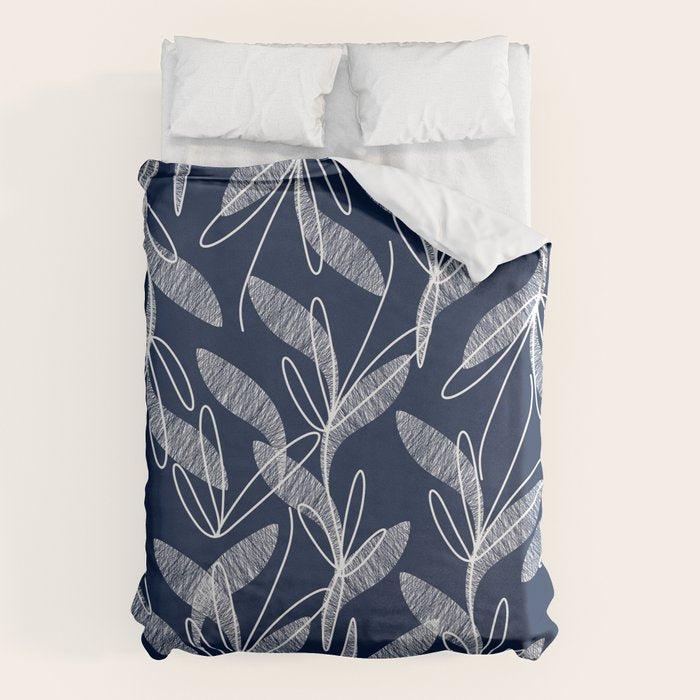 Etched Leaves Botanical Pattern in White and Nautical Navy Blue Duvet Cover Gallery Image 1