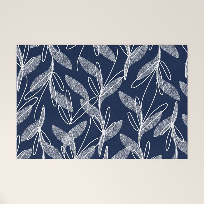 Etched Leaves Botanical Pattern in White and Nautical Navy Blue Welcome Mat Gallery Image 1