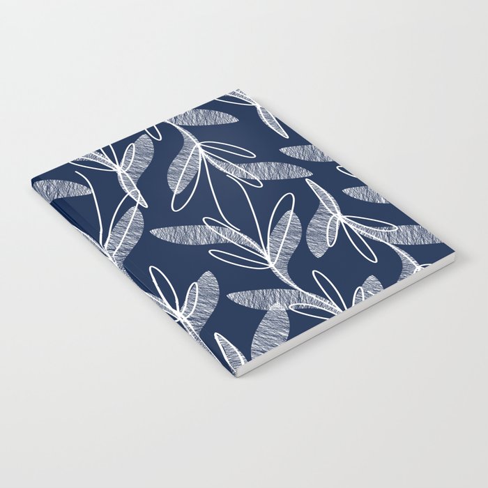 Etched Leaves Botanical Pattern in White and Nautical Navy Blue Notebook Gallery Image 2