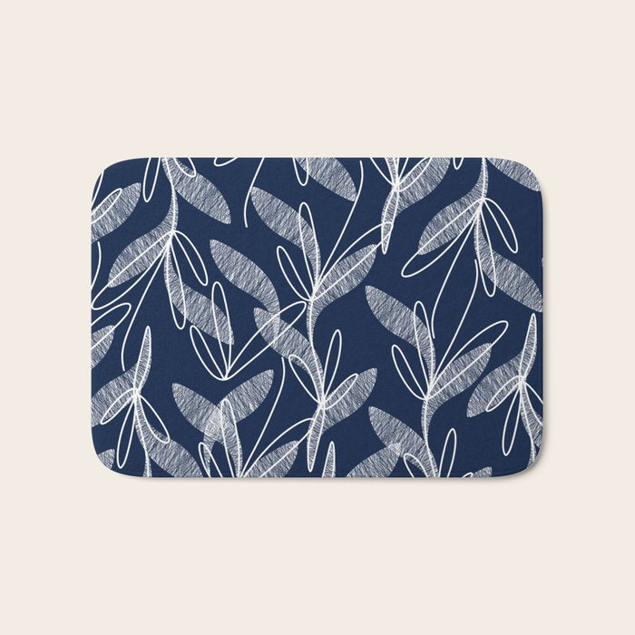 Etched Leaves Botanical Pattern in White and Nautical Navy Blue Bath Mat Gallery Image 1