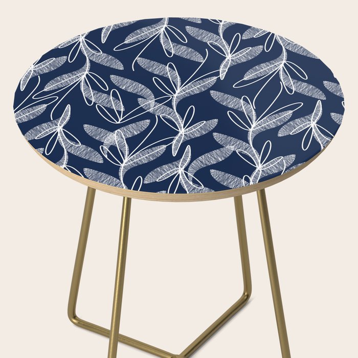 Etched Leaves Botanical Pattern in White and Nautical Navy Blue Side Table Gallery Image 2