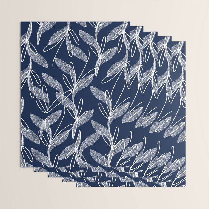Etched Leaves Botanical Pattern in White and Nautical Navy Blue Wrapping Paper Gallery Image 3