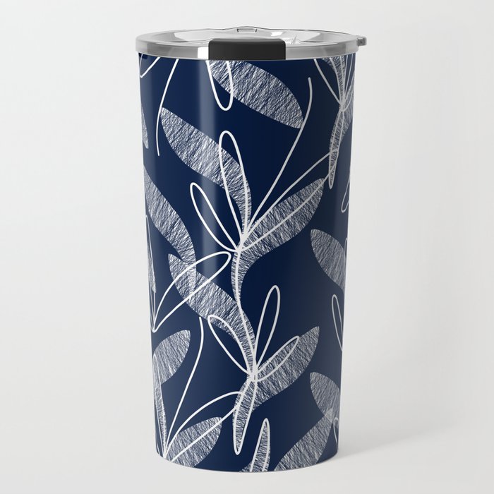 Etched Leaves Botanical Pattern in White and Nautical Navy Blue Travel Mug Gallery Image 1