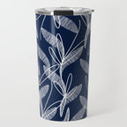 Etched Leaves Botanical Pattern in White and Nautical Navy Blue Travel Mug Gallery Image 1