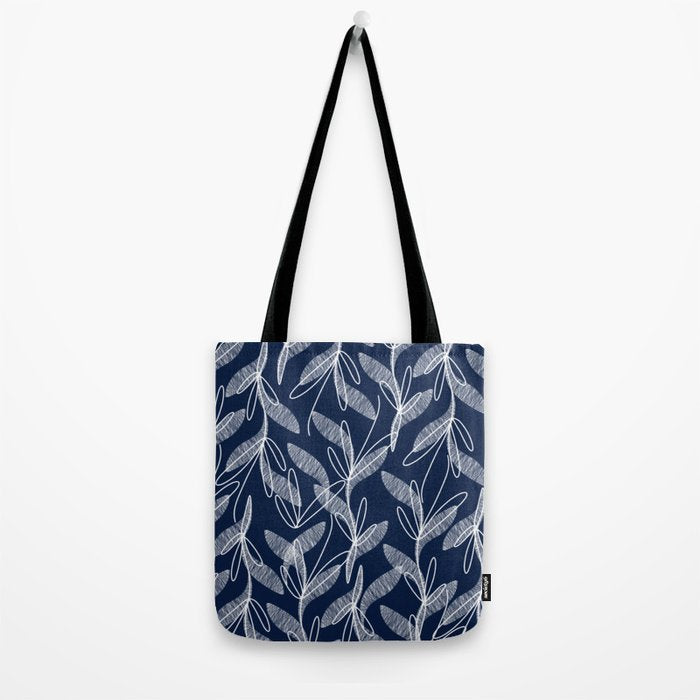 Etched Leaves Botanical Pattern in White and Nautical Navy Blue Tote Bag Gallery Image 2