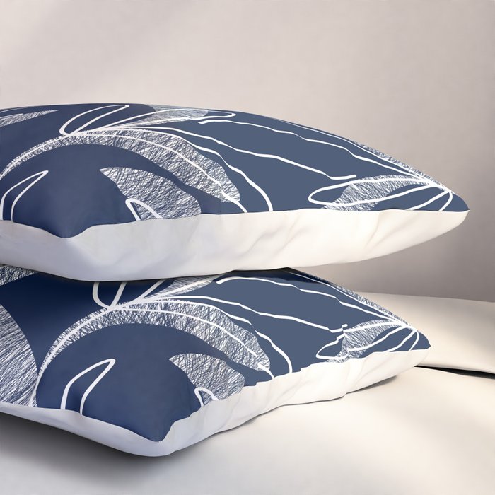 Etched Leaves Botanical Pattern in White and Nautical Navy Blue Pillow Sham Gallery Image 3