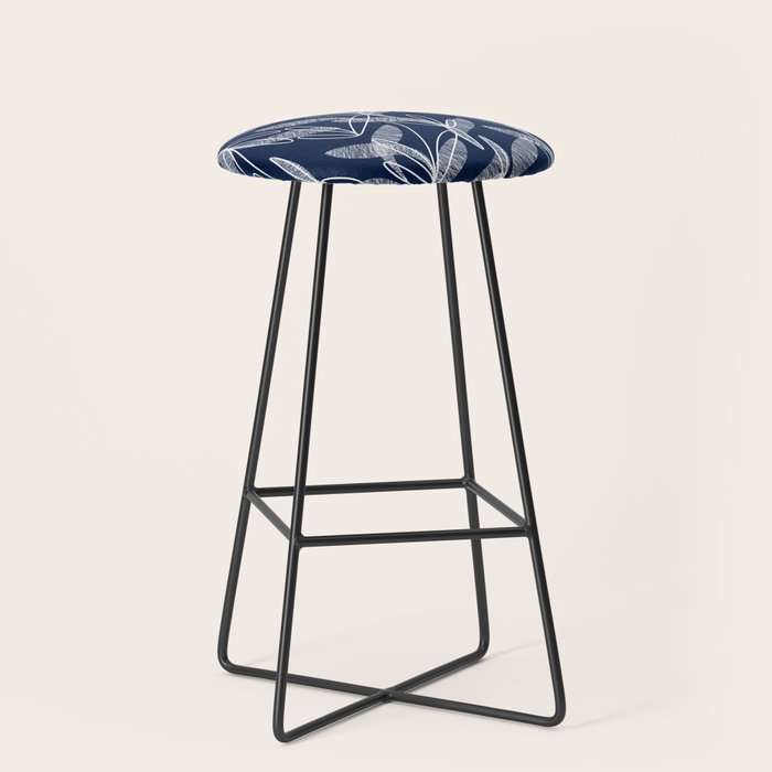 Etched Leaves Botanical Pattern in White and Nautical Navy Blue Stool Gallery Image 1