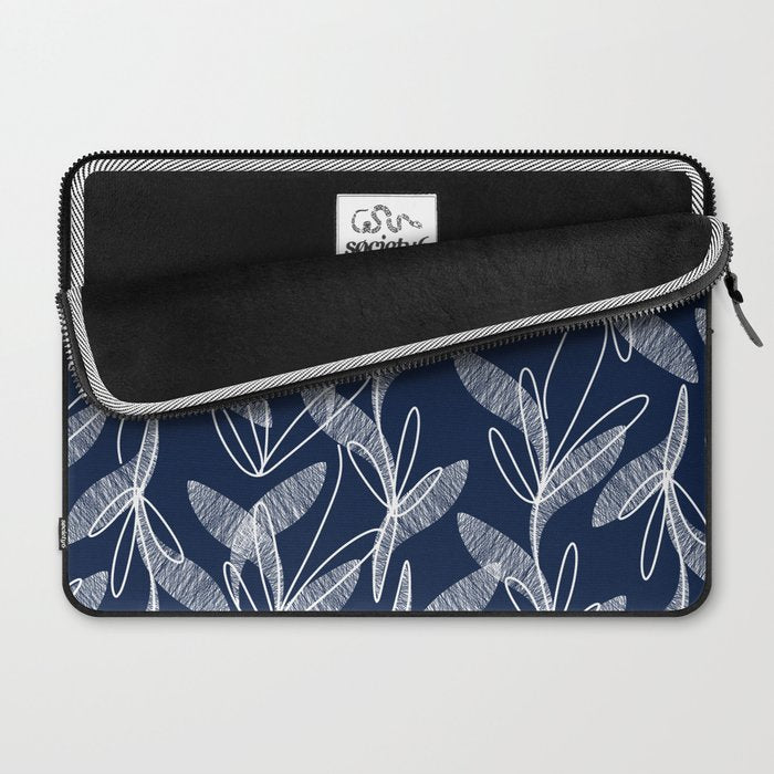Etched Leaves Botanical Pattern in White and Nautical Navy Blue Laptop Sleeve Gallery Image 2