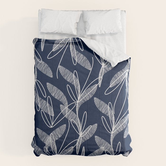 Etched Leaves Botanical Pattern in White and Nautical Navy Blue Comforter Gallery Image 1